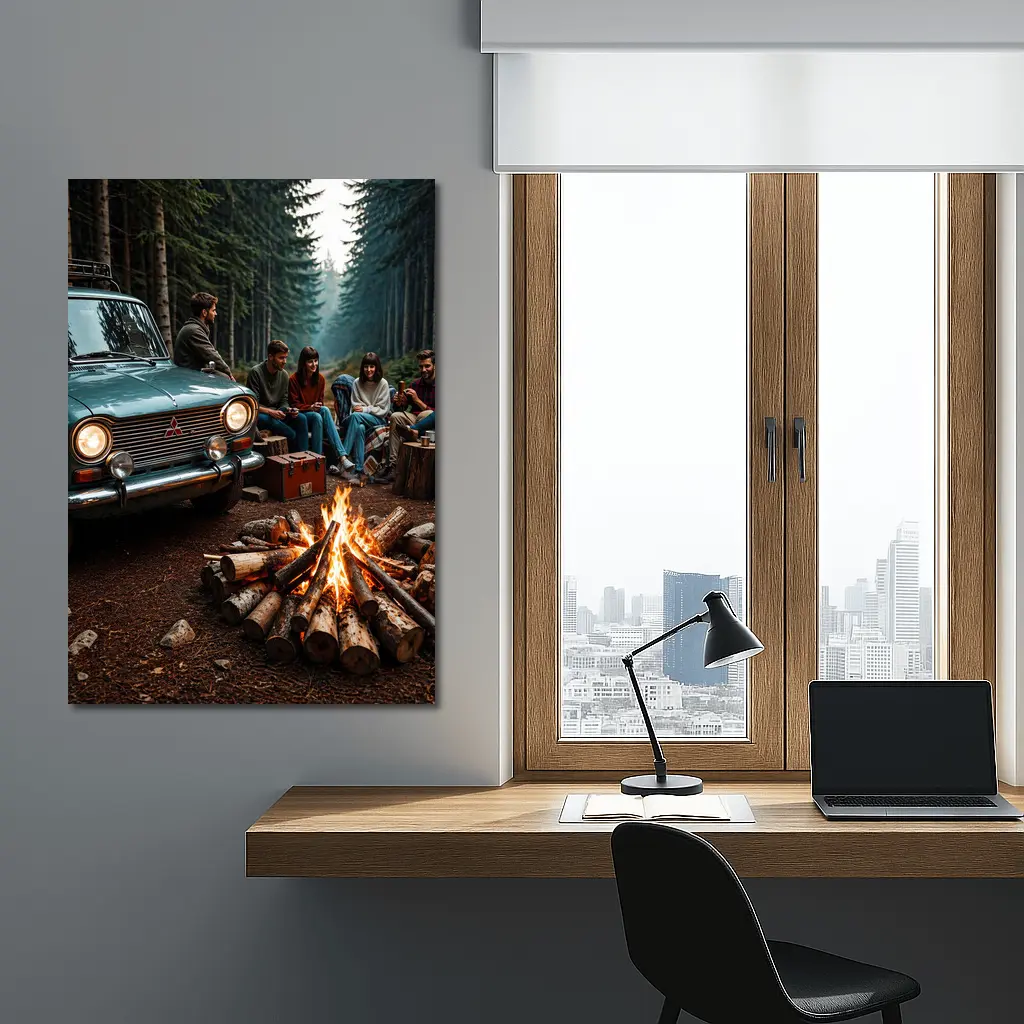 Mitsubishi Classic Car Forest Campfire Friends – Wall Art