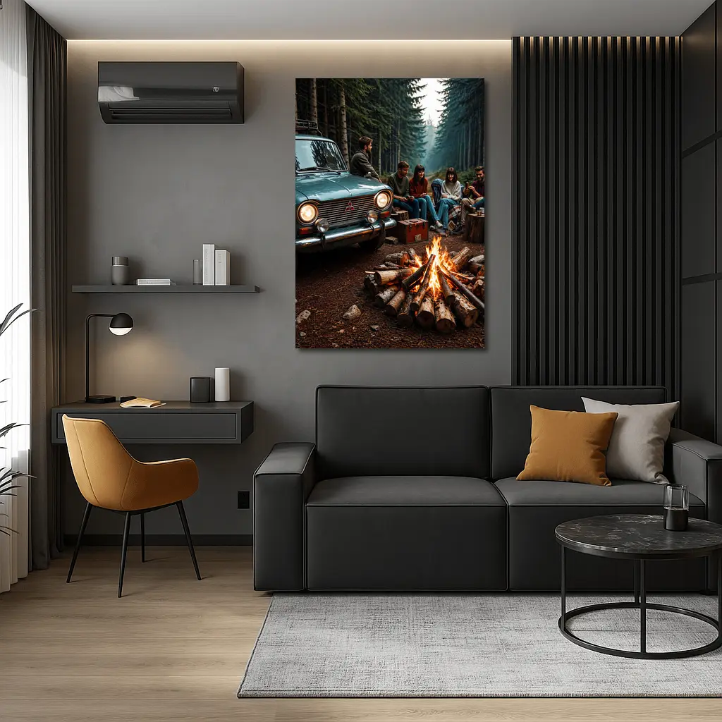 Mitsubishi Classic Car Forest Campfire Friends – Wall Art