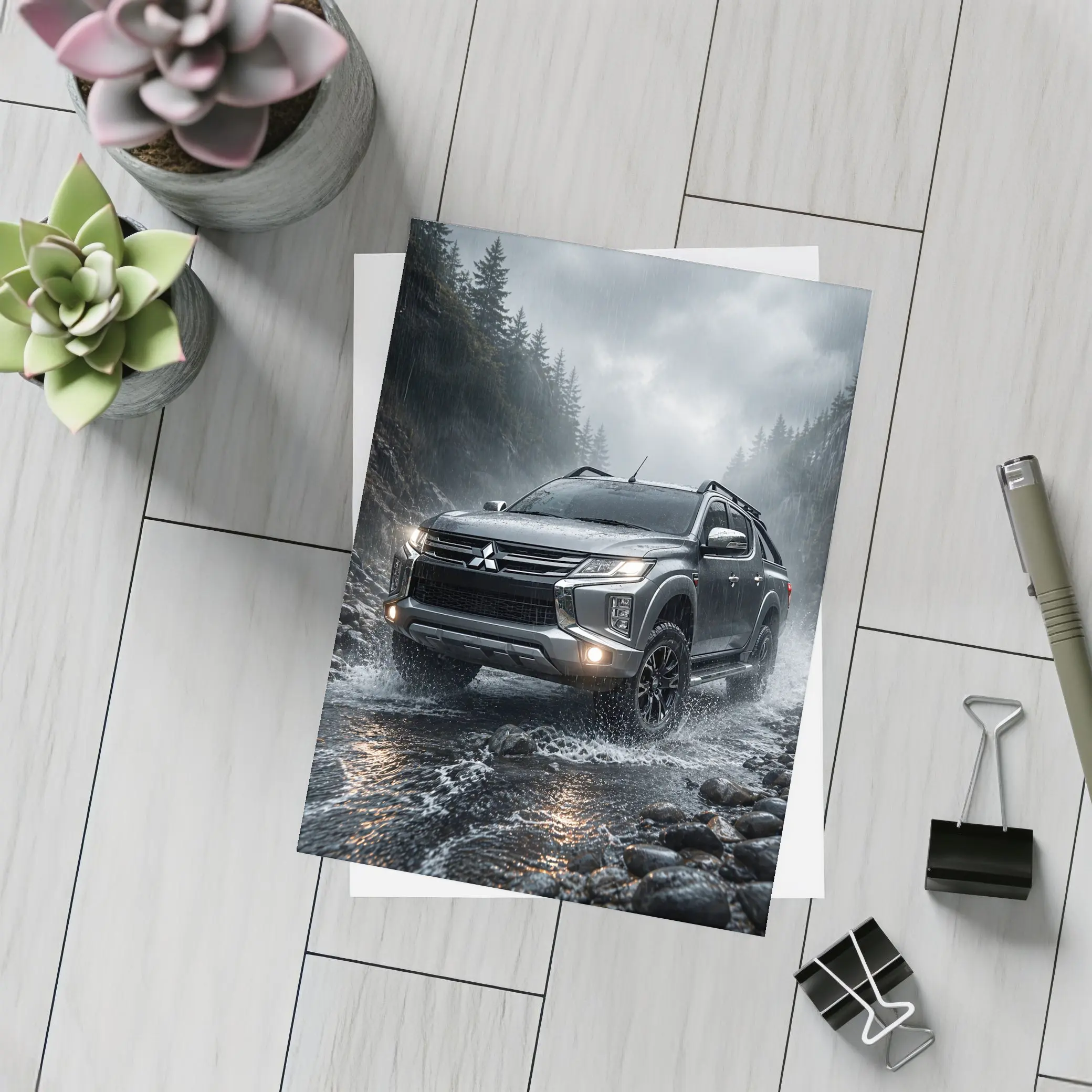 Mitsubishi L200 Triton Splashing Rainy Rocky Trail – Postcards