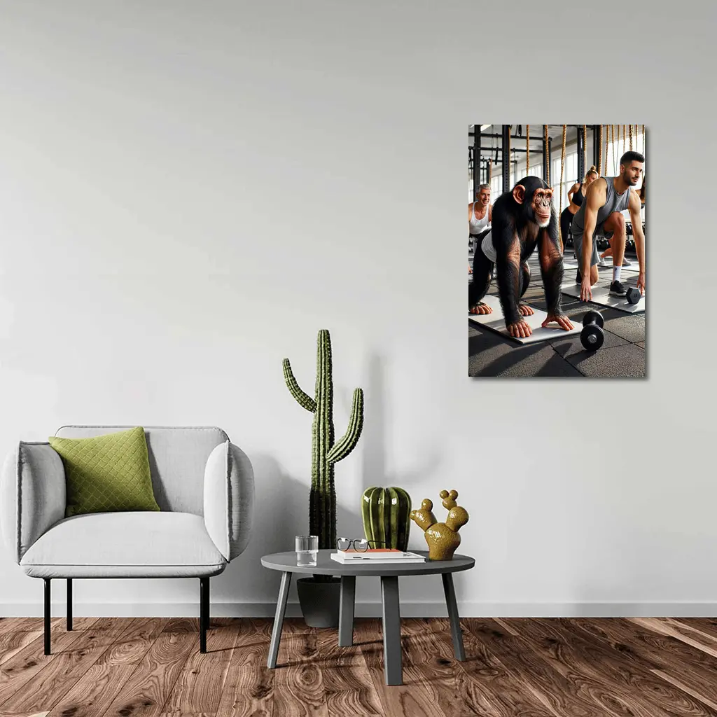 Chimpanzee Working Out in Gym With Humans – Wall Art