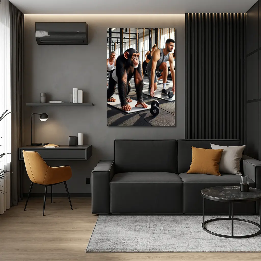 Chimpanzee Working Out in Gym With Humans – Wall Art