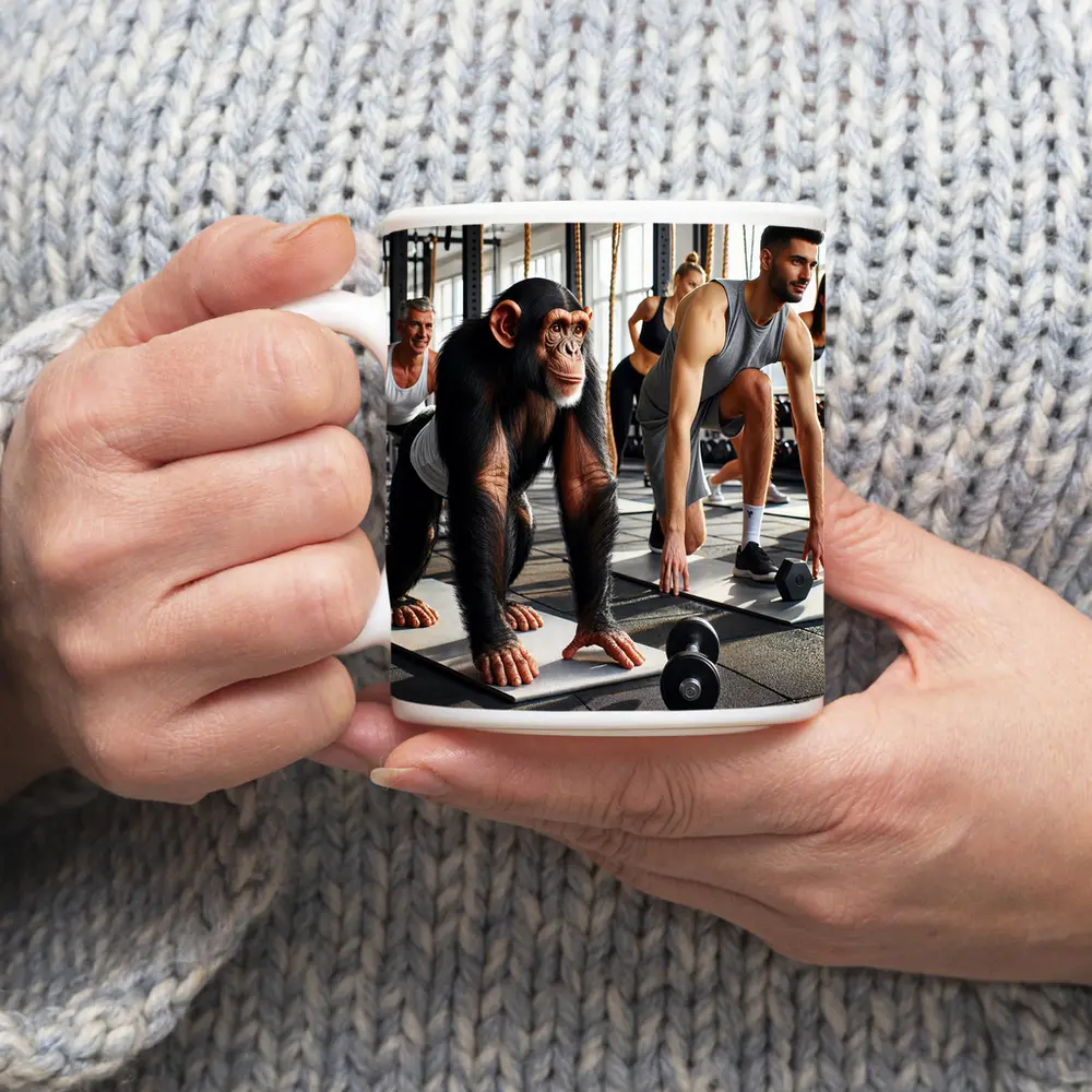 Chimpanzee Working Out in Gym With Humans – Mugs