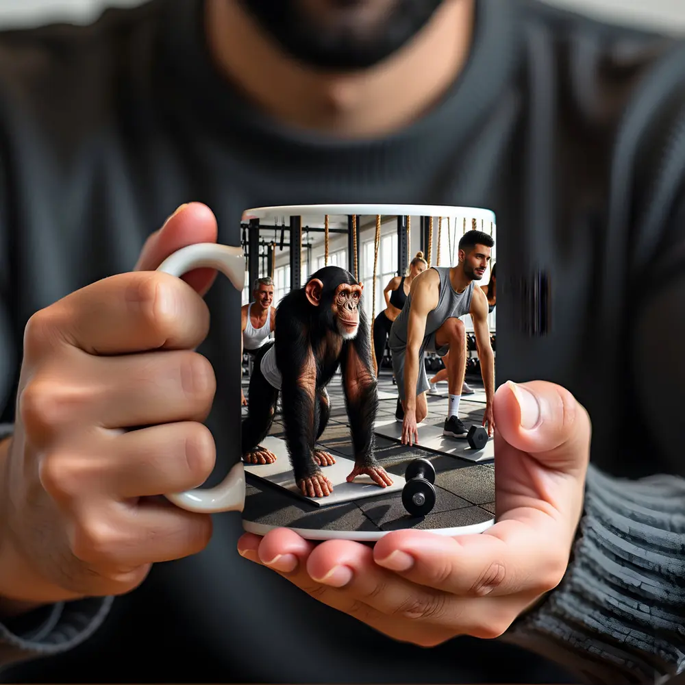 Chimpanzee Working Out in Gym With Humans – Mugs