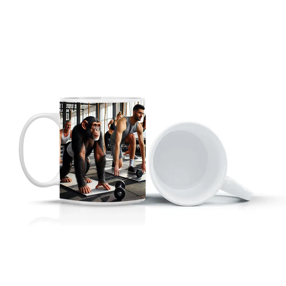 Chimpanzee Working Out in Gym With Humans – Mugs