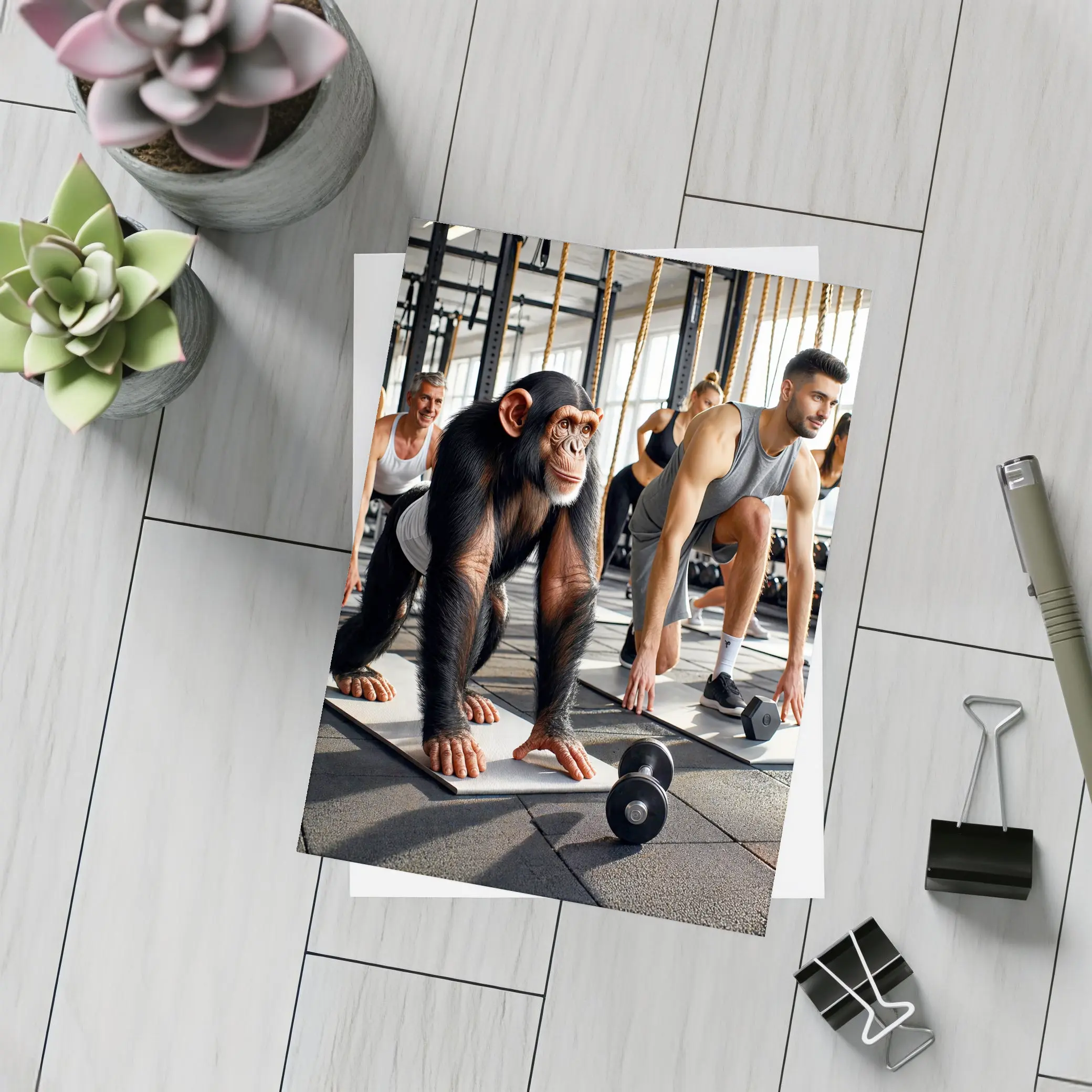 Chimpanzee Working Out in Gym With Humans – Postcards