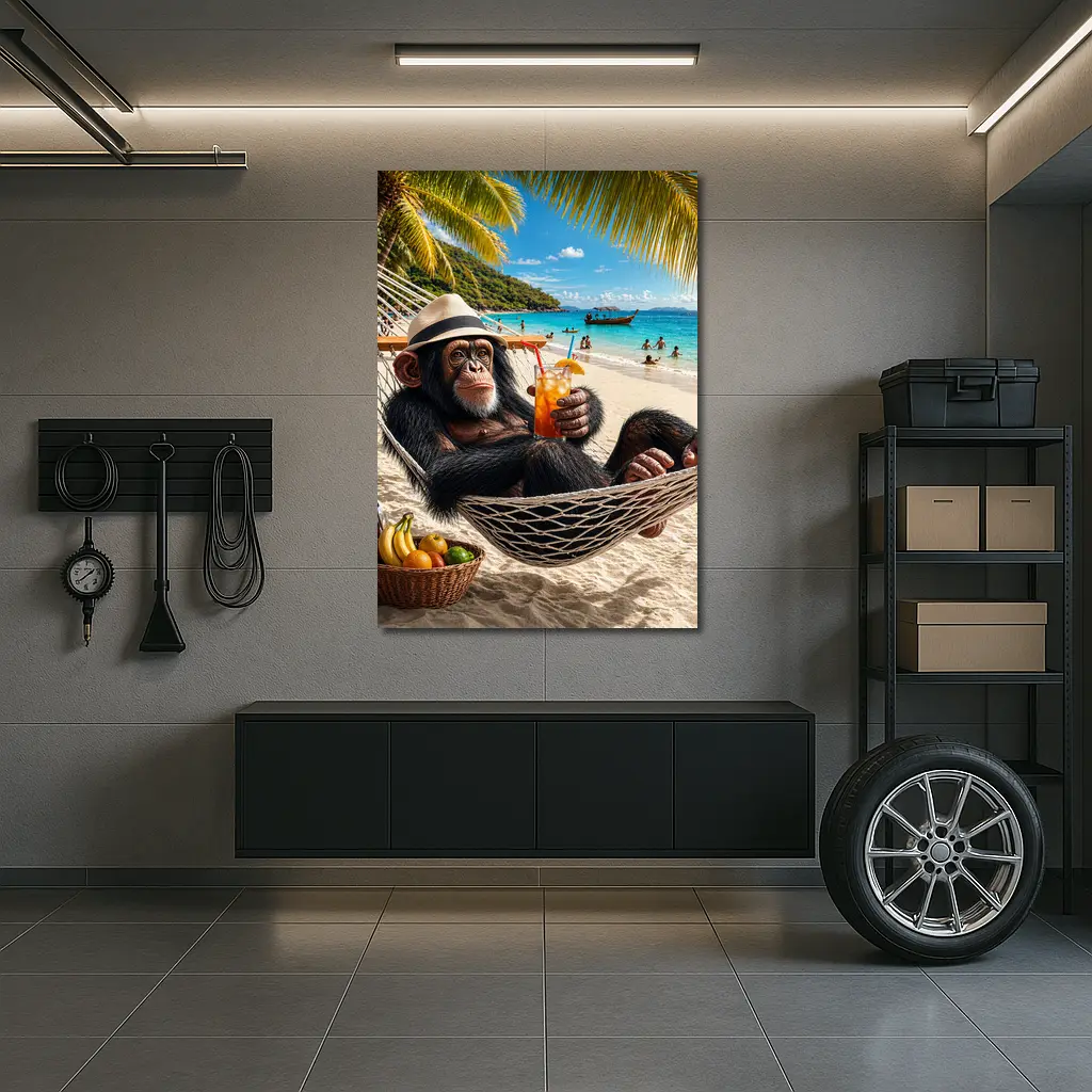 Chimpanzee Relaxing on Beach Hammock with Cocktail – Wall Art