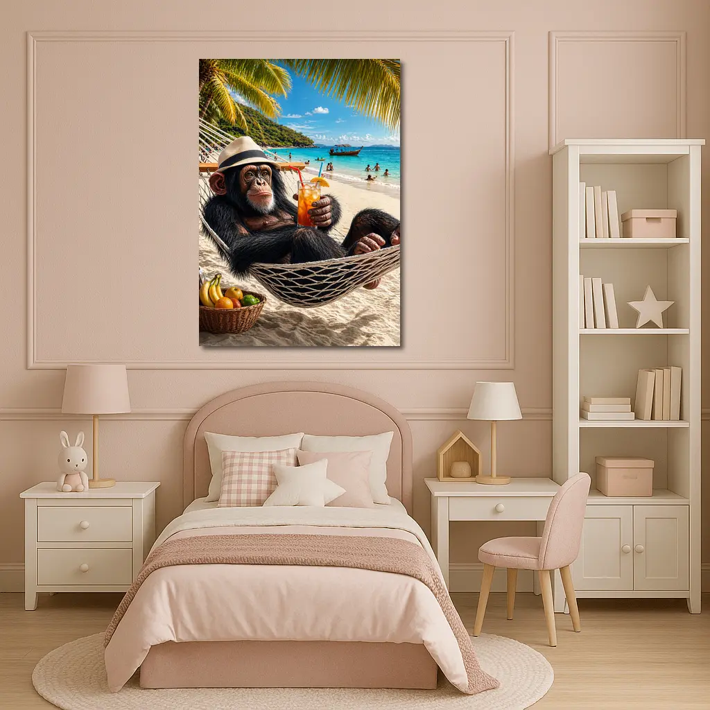 Chimpanzee Relaxing on Beach Hammock with Cocktail – Wall Art