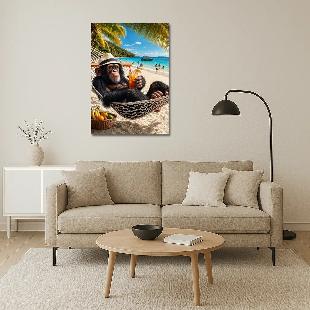 Chimpanzee Relaxing on Beach Hammock with Cocktail – Wall Art
