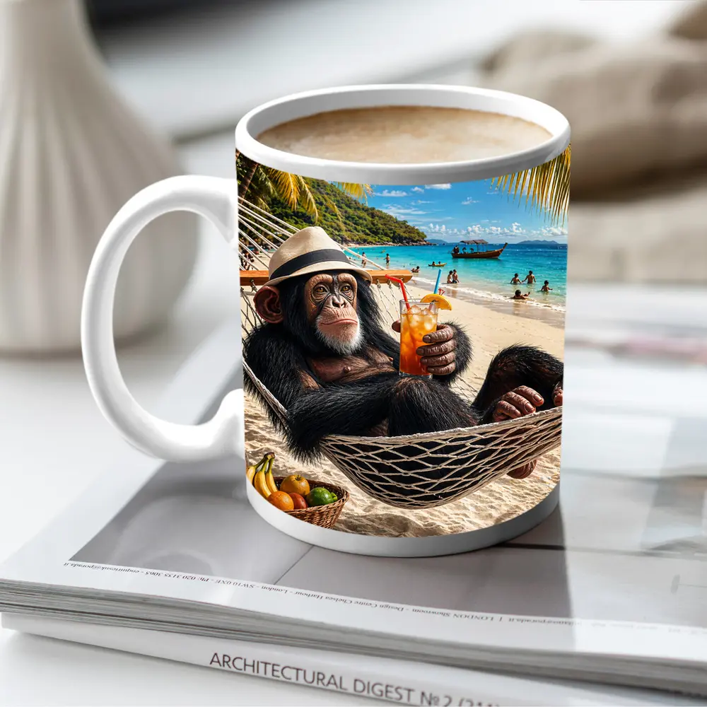 Chimpanzee Relaxing on Beach Hammock with Cocktail – Mugs