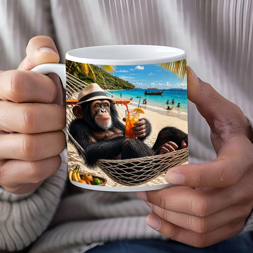 Chimpanzee Relaxing on Beach Hammock with Cocktail – Mugs