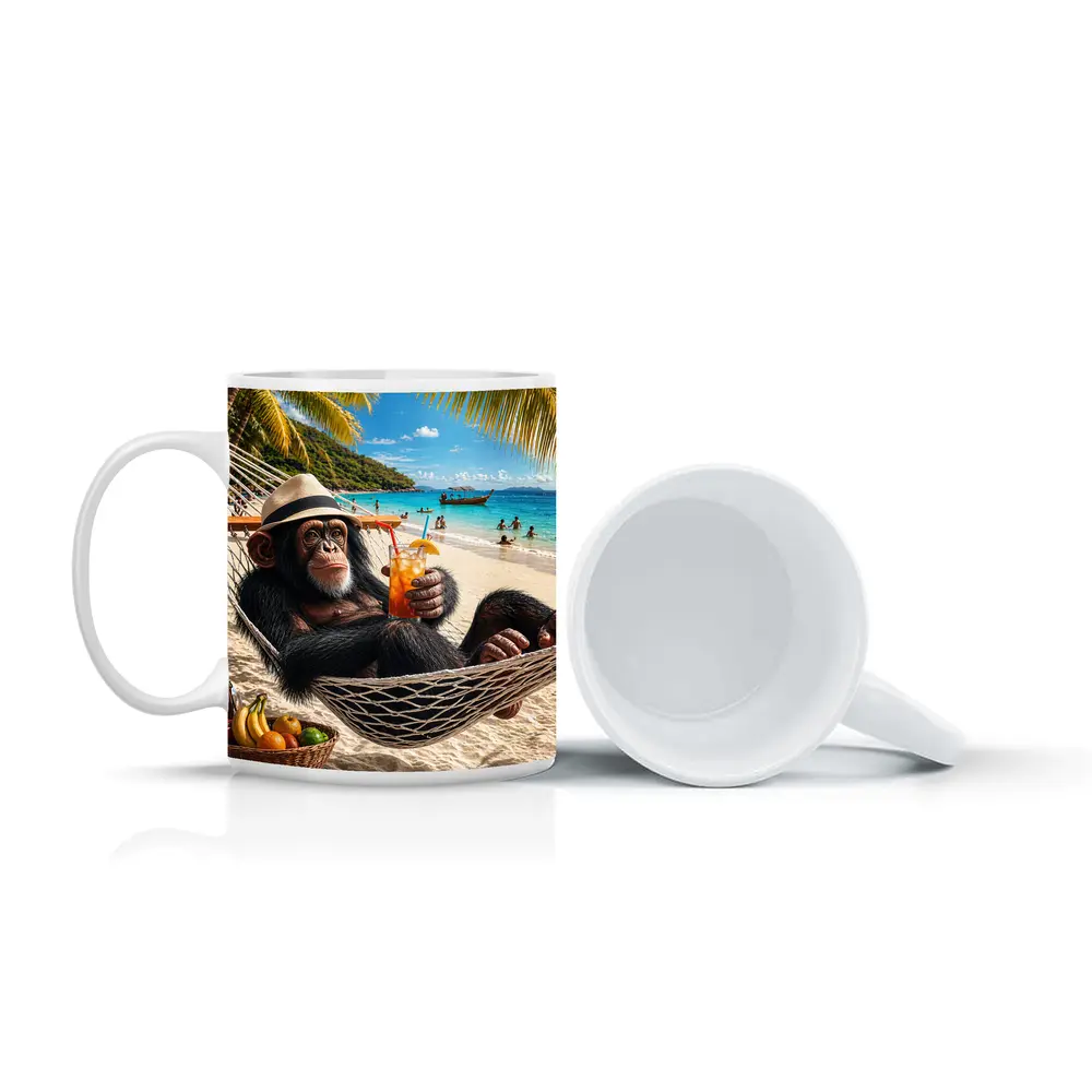 Chimpanzee Relaxing on Beach Hammock with Cocktail – Mugs