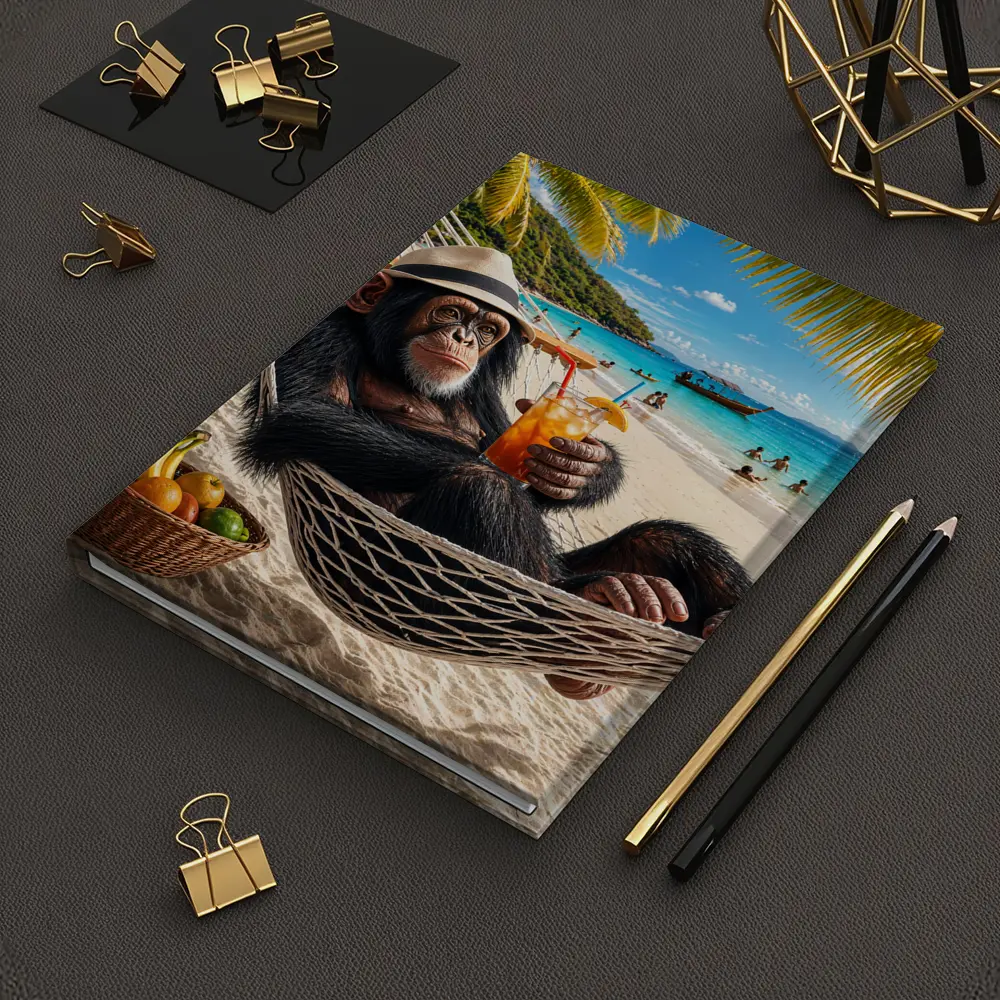 Chimpanzee Relaxing on Beach Hammock with Cocktail – Notebooks