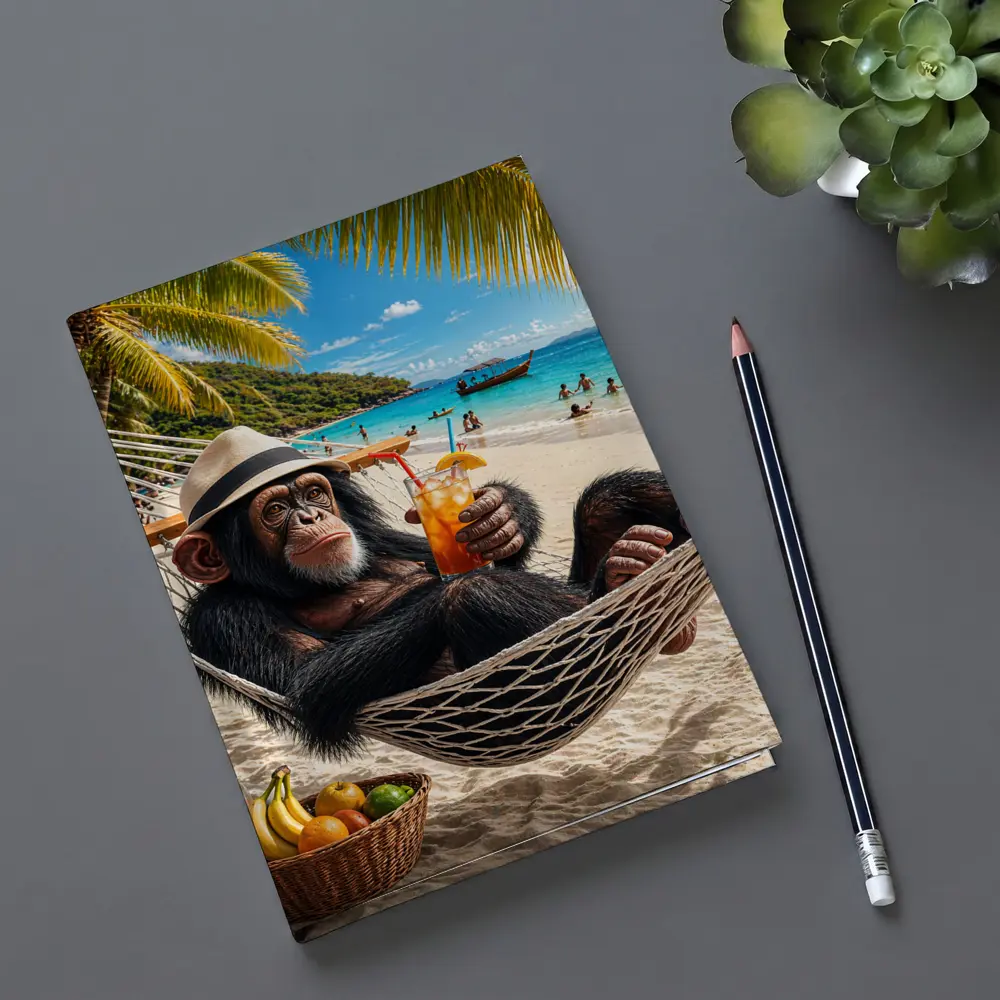 Chimpanzee Relaxing on Beach Hammock with Cocktail – Notebooks