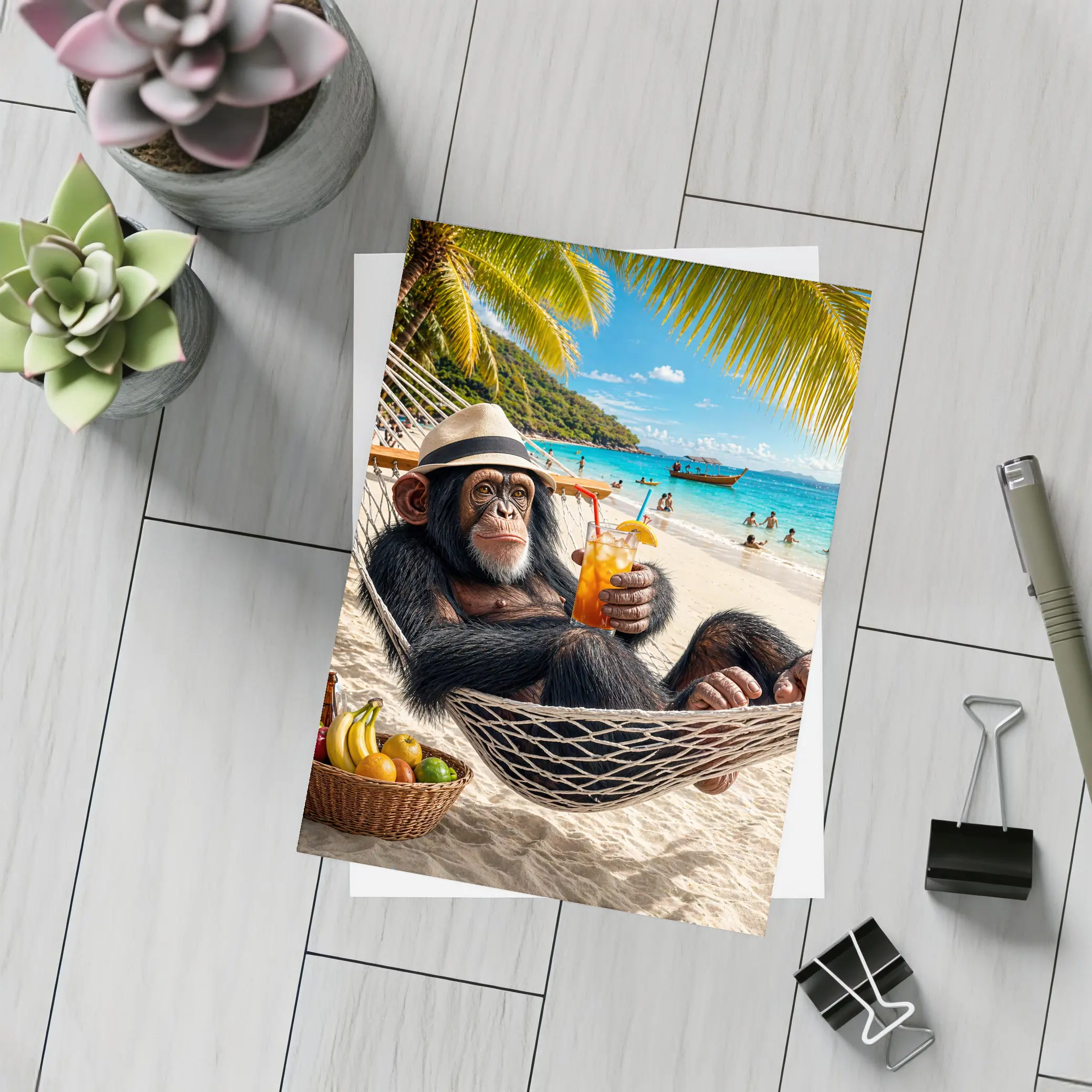 Chimpanzee Relaxing on Beach Hammock with Cocktail – Postcards