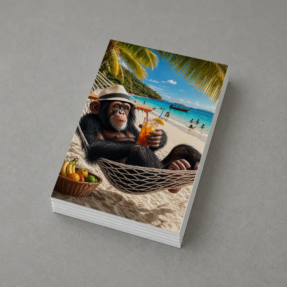 Chimpanzee Relaxing on Beach Hammock with Cocktail – Postcards