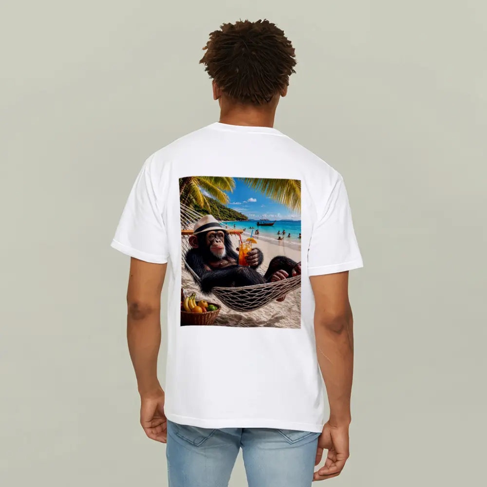 Chimpanzee Relaxing on Beach Hammock with Cocktail – T-Shirts