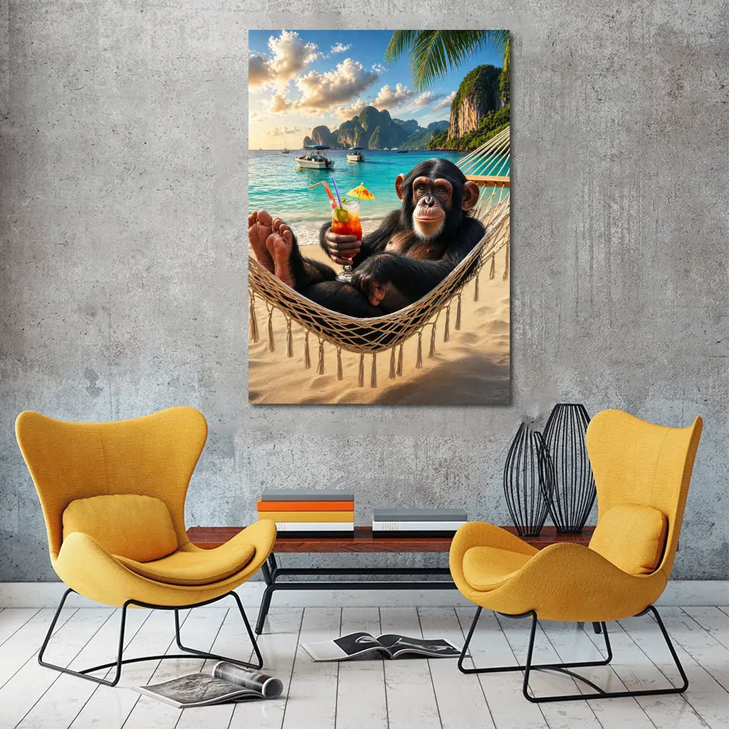 Chimpanzee Relaxing on Beach Hammock Tropical – Wall Art