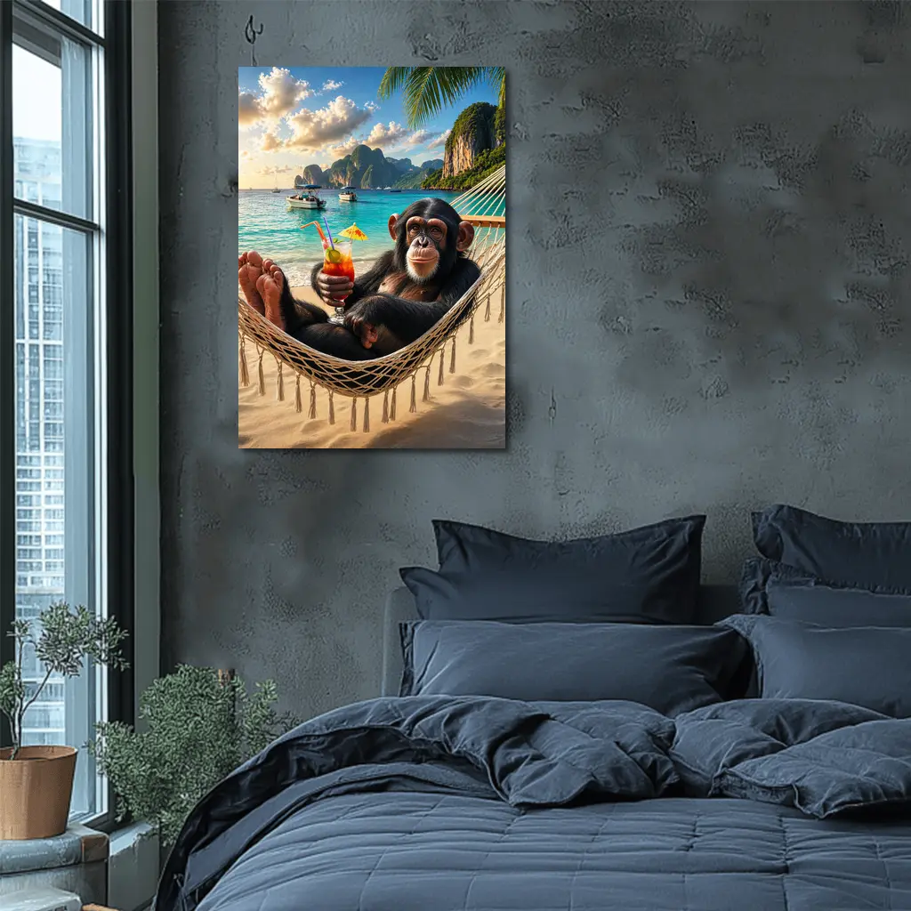 Chimpanzee Relaxing on Beach Hammock Tropical – Wall Art