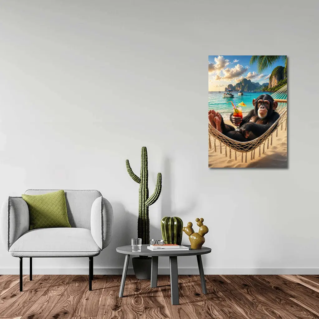 Chimpanzee Relaxing on Beach Hammock Tropical – Wall Art