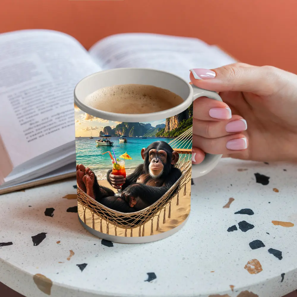 Chimpanzee Relaxing on Beach Hammock Tropical – Mugs