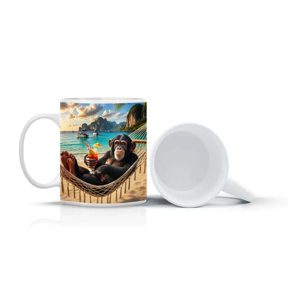 Chimpanzee Relaxing on Beach Hammock Tropical – Mugs