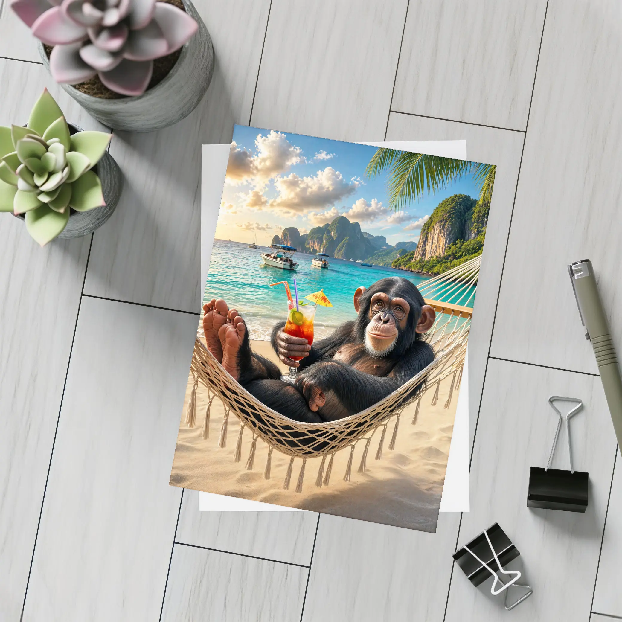 Chimpanzee Relaxing on Beach Hammock Tropical – Postcards