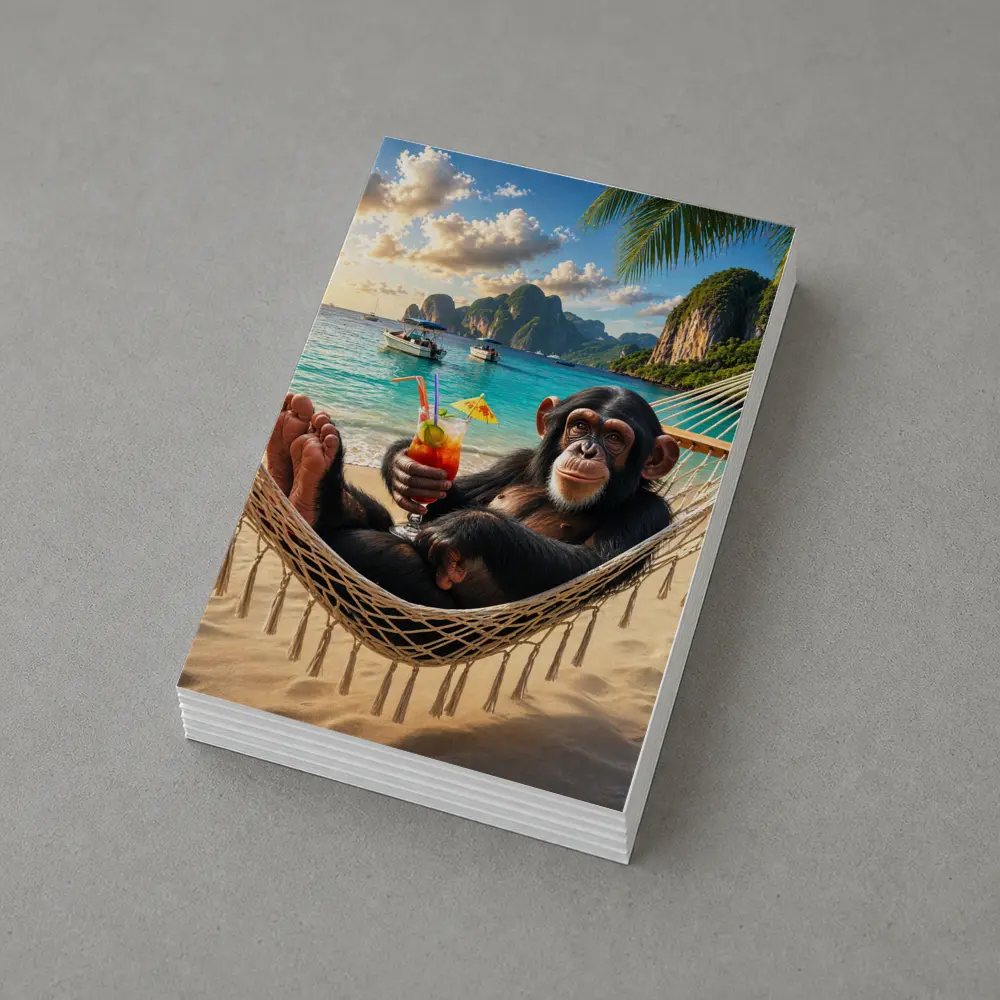 Chimpanzee Relaxing on Beach Hammock Tropical – Postcards