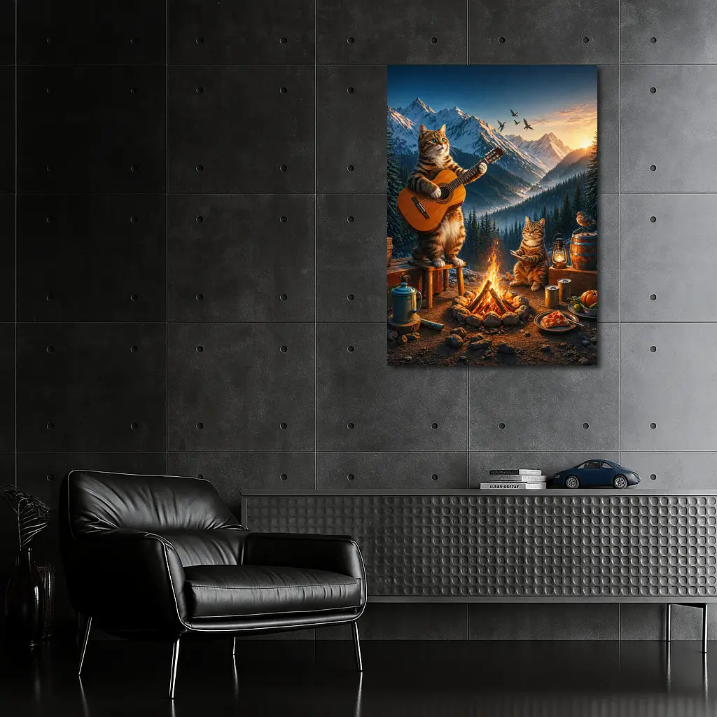 Cats Playing Guitar by Mountain Campfire – Wall Art