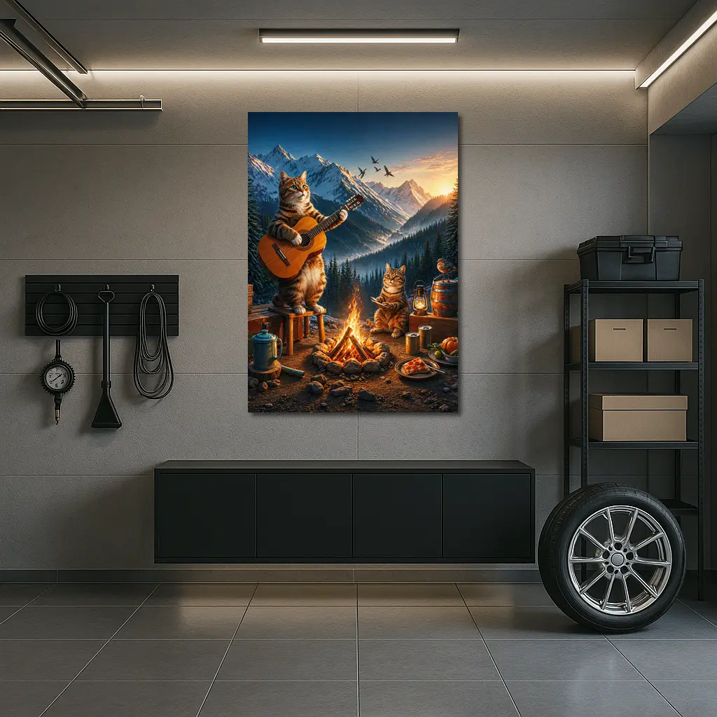 Cats Playing Guitar by Mountain Campfire – Wall Art