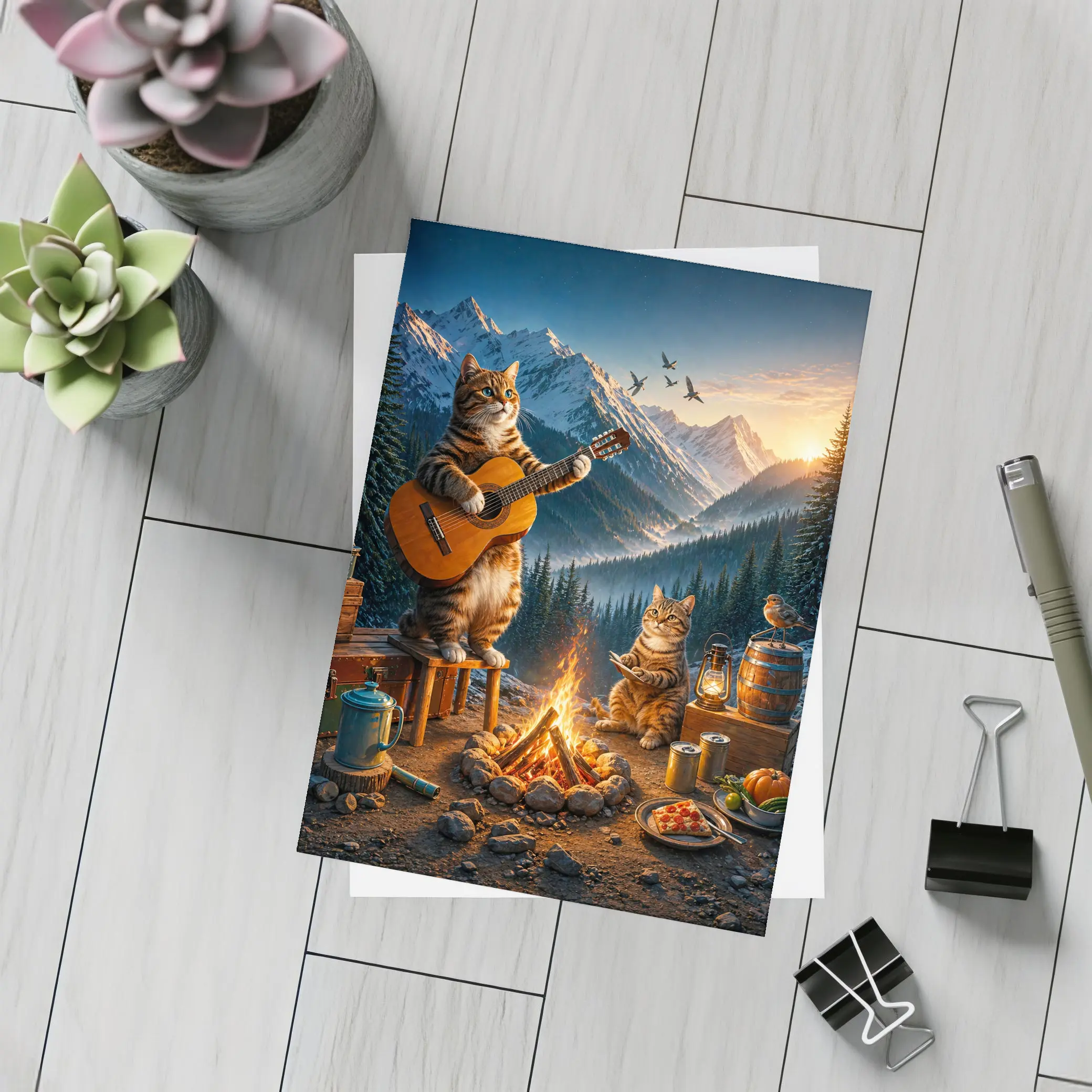 Cats Playing Guitar by Mountain Campfire – Postcards