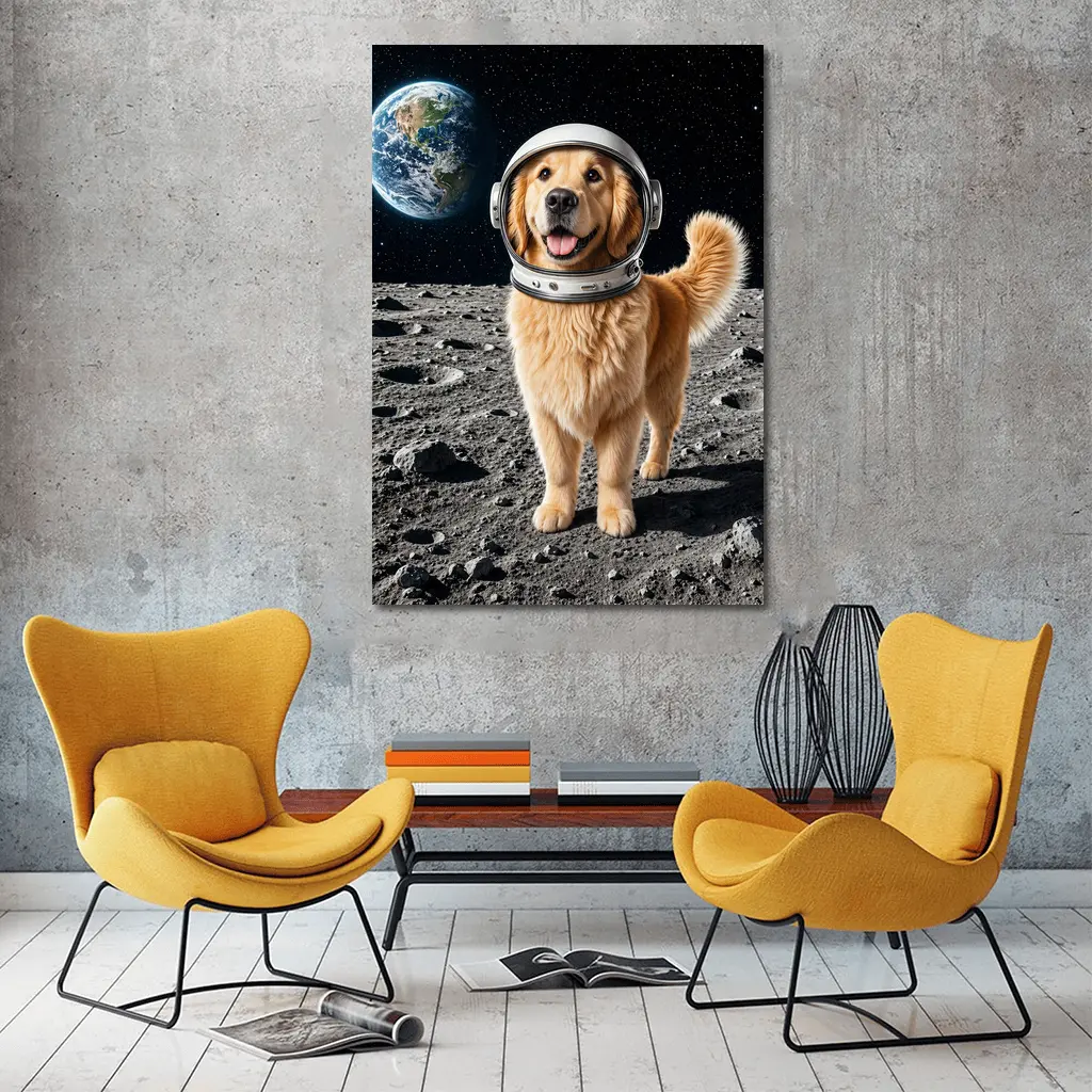 Golden Retriever Astronaut Standing On Moon – Wall Art