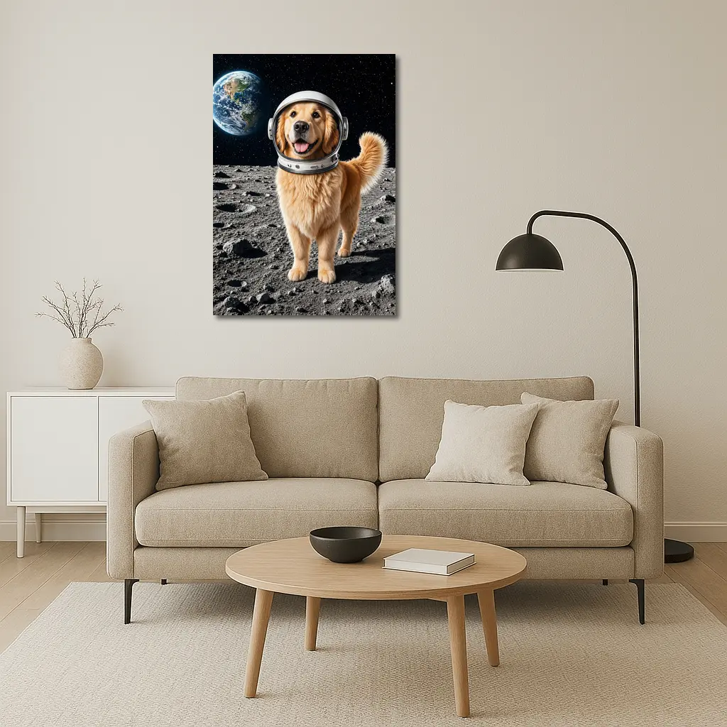 Golden Retriever Astronaut Standing On Moon – Wall Art