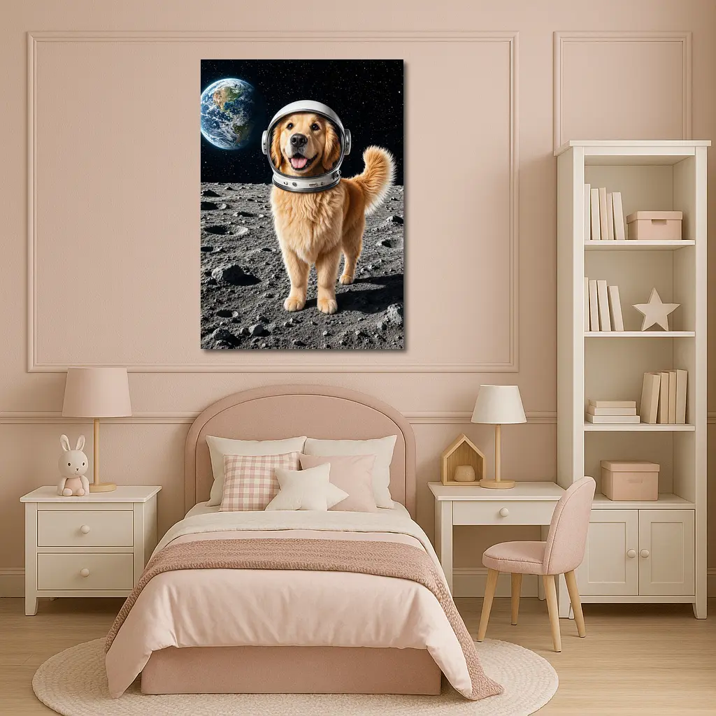 Golden Retriever Astronaut Standing On Moon – Wall Art