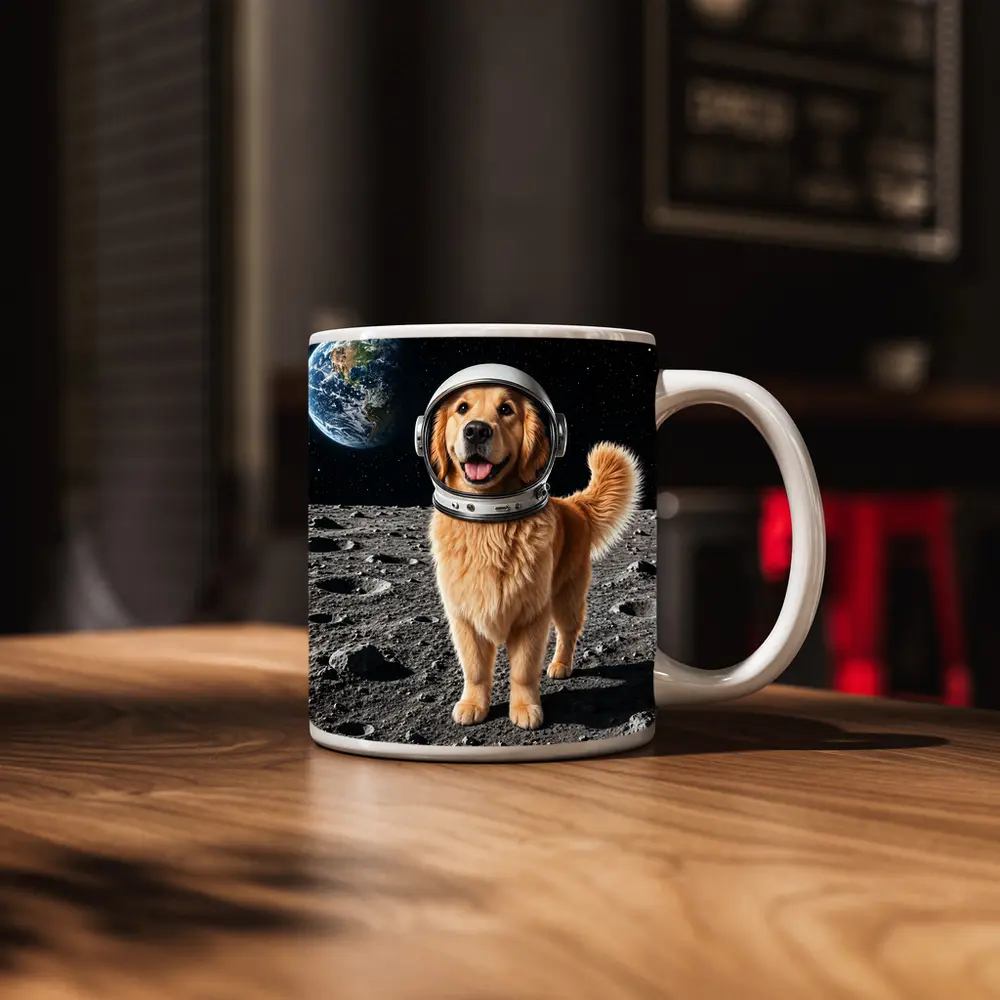 Golden Retriever Astronaut Standing On Moon – Mugs