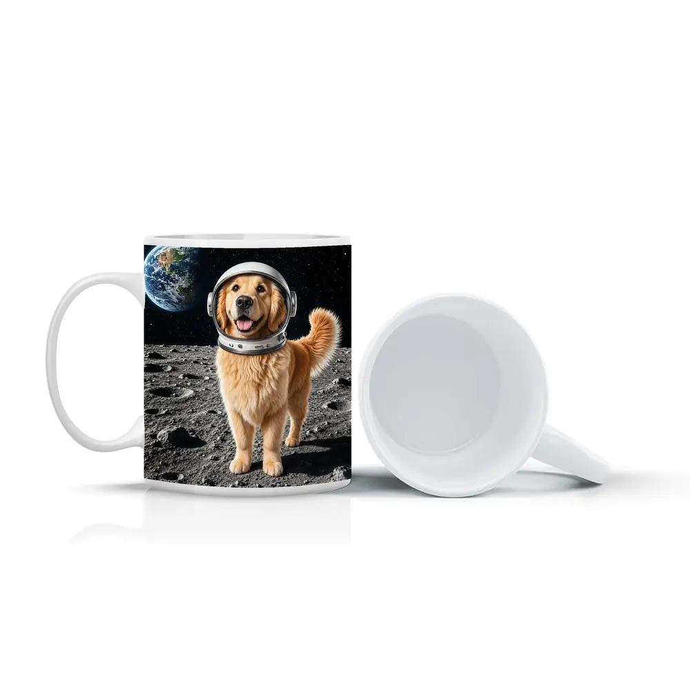 Golden Retriever Astronaut Standing On Moon – Mugs