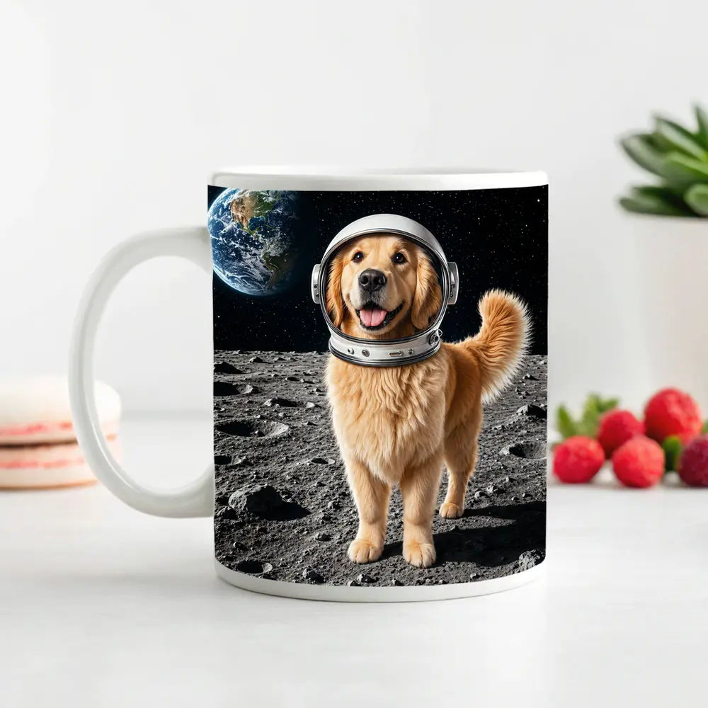 Golden Retriever Astronaut Standing On Moon – Mugs