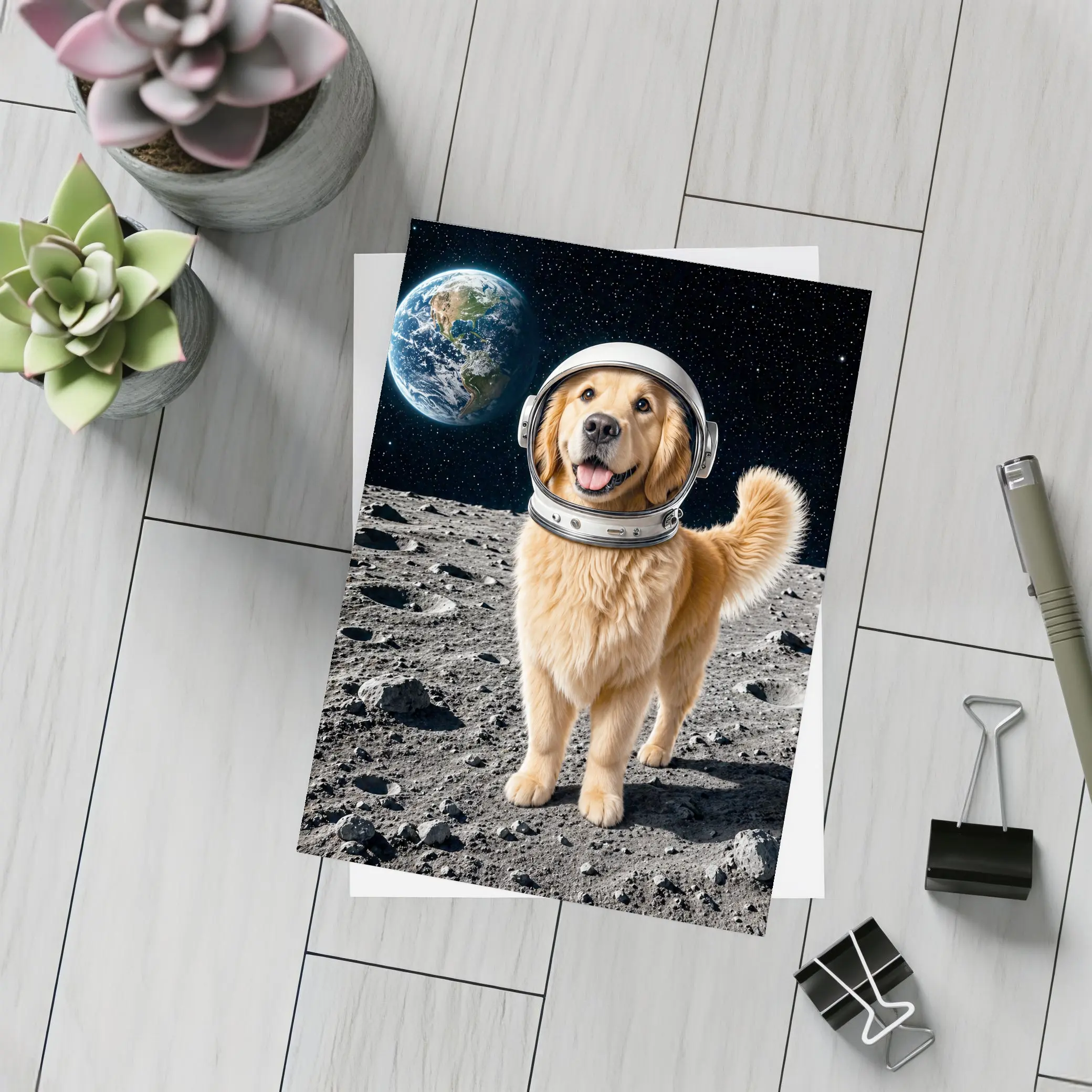 Golden Retriever Astronaut Standing On Moon – Postcards