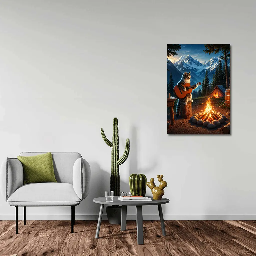 Tabby Cat Playing Guitar Campfire Mountains – Wall Art