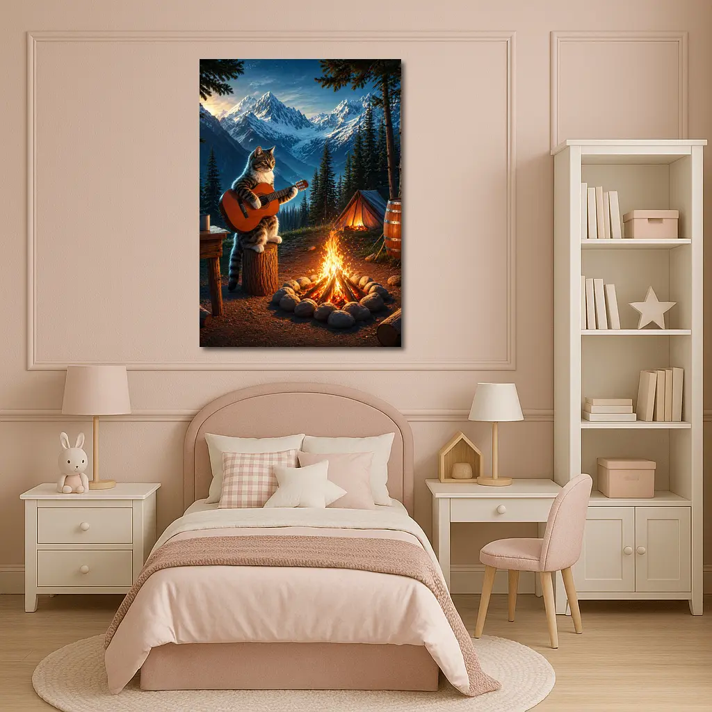Tabby Cat Playing Guitar Campfire Mountains – Wall Art