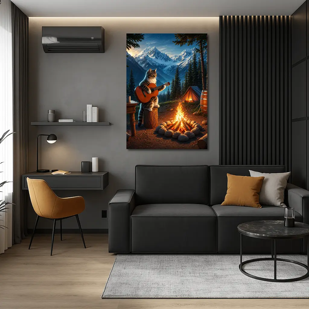 Tabby Cat Playing Guitar Campfire Mountains – Wall Art
