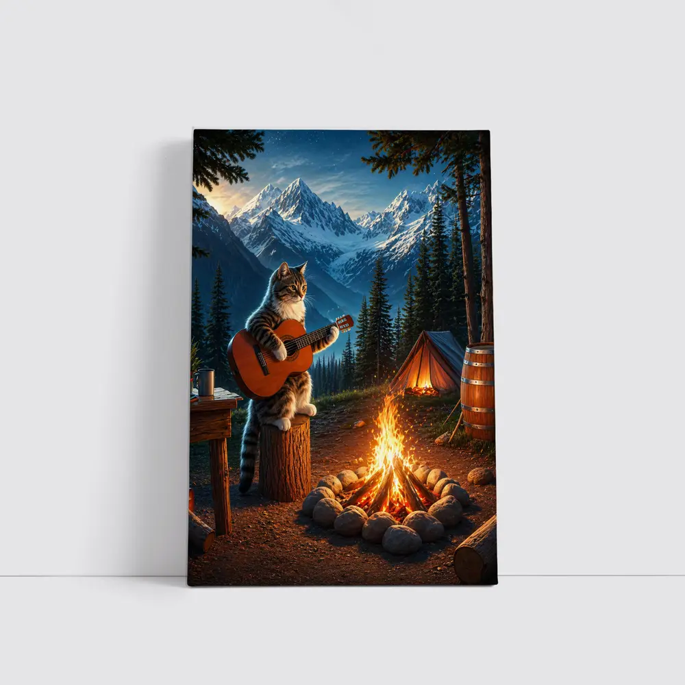 Tabby Cat Playing Guitar Campfire Mountains – Wall Art