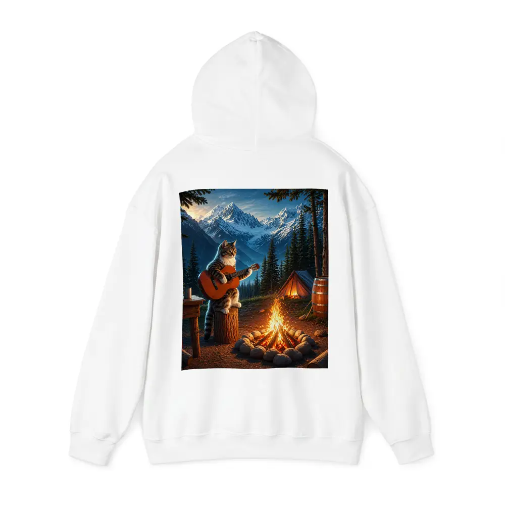 Tabby Cat Playing Guitar Campfire Mountains – Hoodies