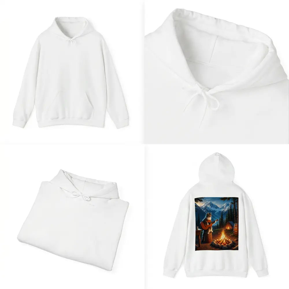 Tabby Cat Playing Guitar Campfire Mountains – Hoodies