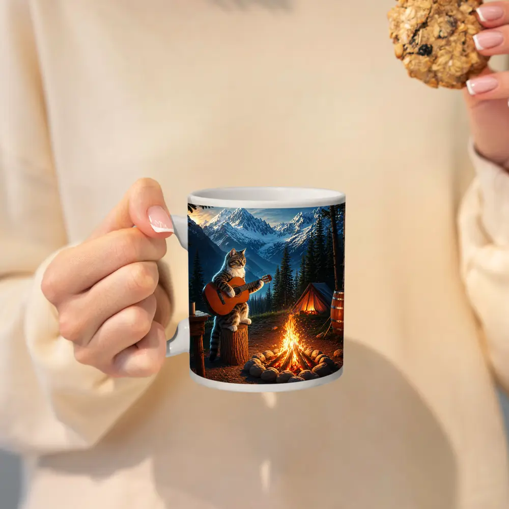 Tabby Cat Playing Guitar Campfire Mountains – Mugs