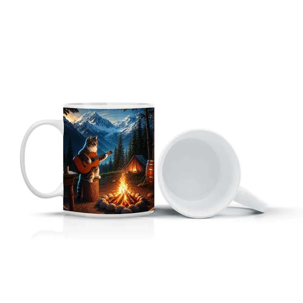Tabby Cat Playing Guitar Campfire Mountains – Mugs