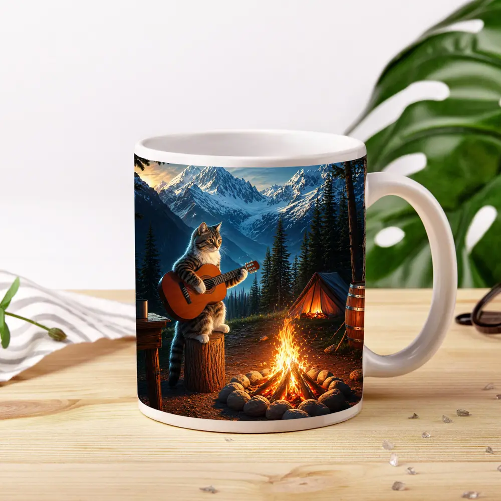 Tabby Cat Playing Guitar Campfire Mountains – Mugs