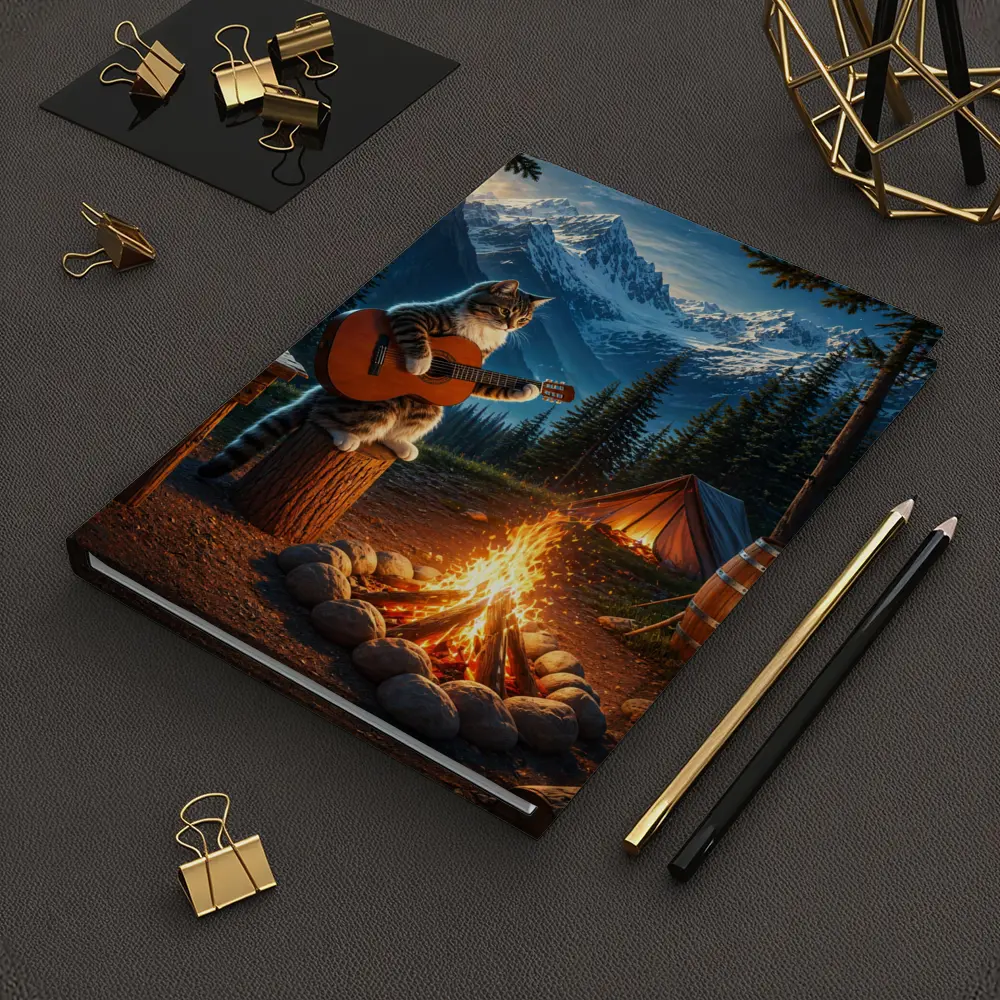 Tabby Cat Playing Guitar Campfire Mountains – Notebooks