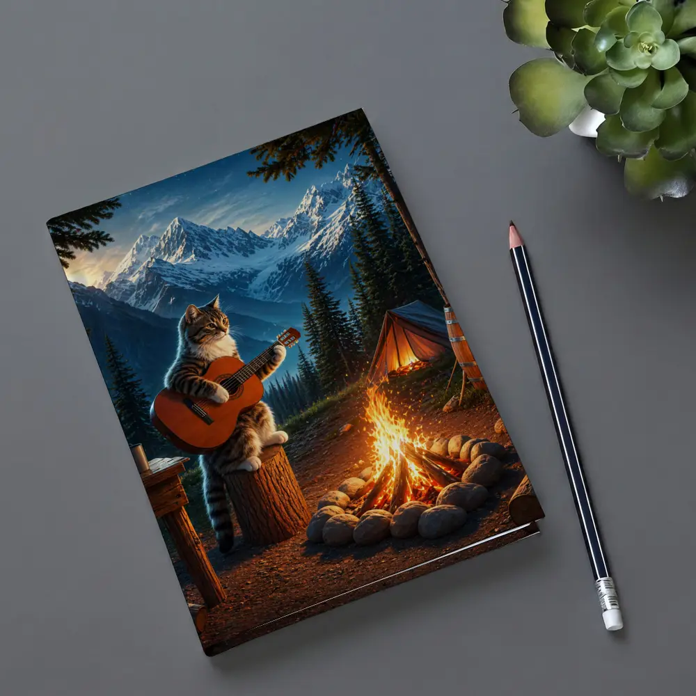 Tabby Cat Playing Guitar Campfire Mountains – Notebooks