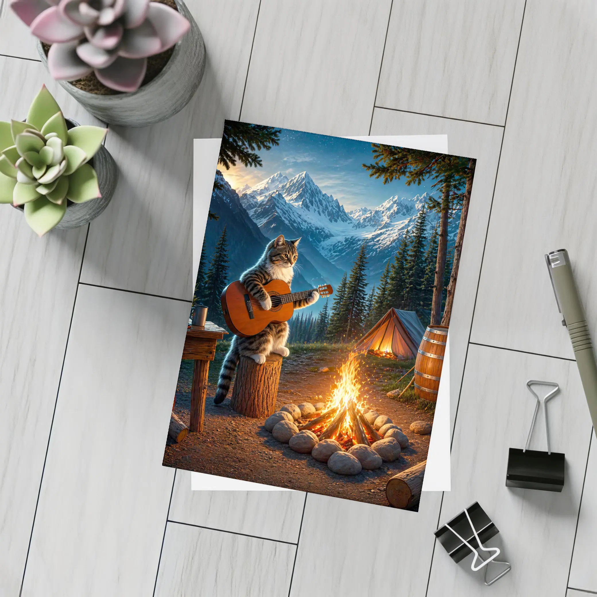 Tabby Cat Playing Guitar Campfire Mountains – Postcards