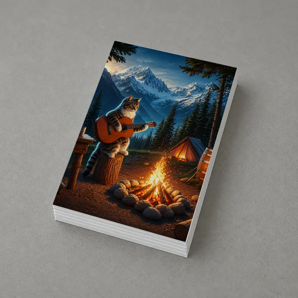 Tabby Cat Playing Guitar Campfire Mountains – Postcards
